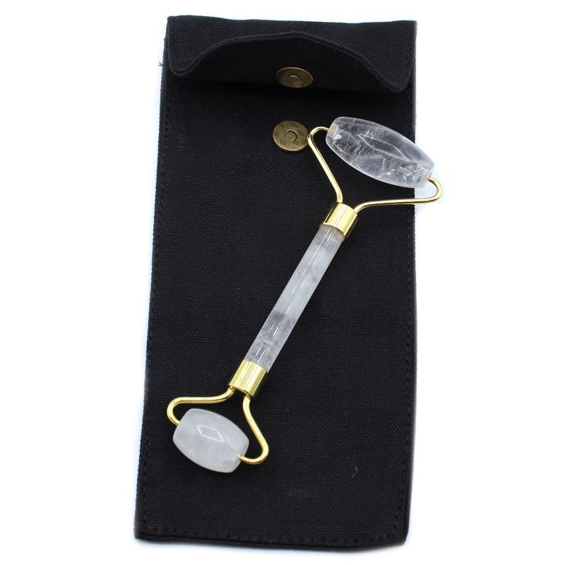 Rouleau pour le visage en pierre gemme - quartz cristal de roche avec pochette