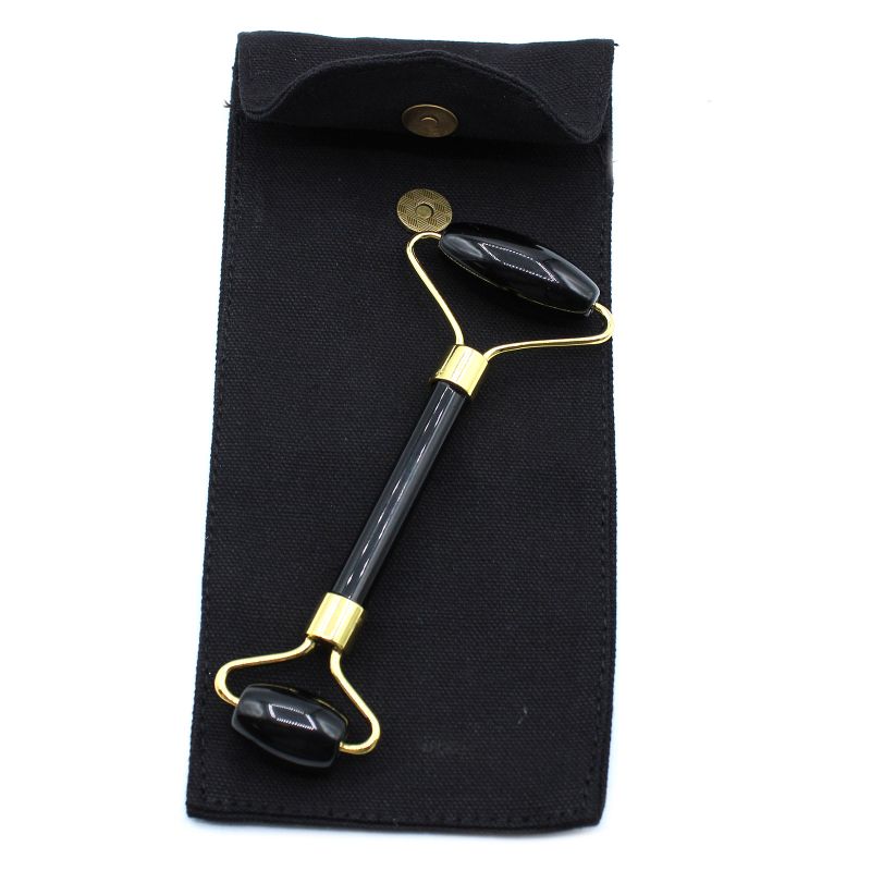 Rouleau facial en pierre précieuse - obsidienne noire avec pochette