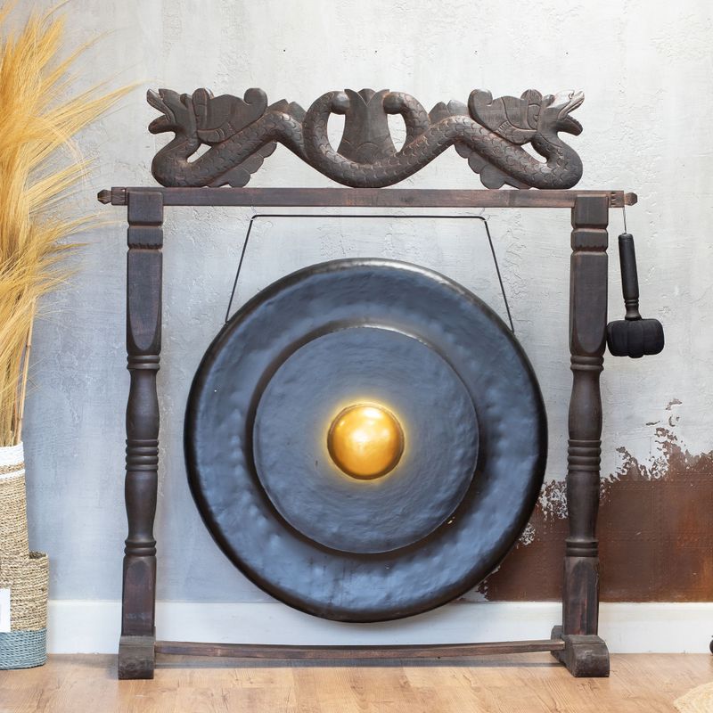 Grand gong sur socle antique brun - 80 cm - Noir