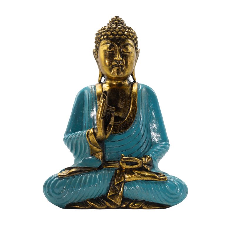 Bouddha bleu sarcelle et doré - Très grand 40 cm - Mudra Vitarka (Sagesse)
