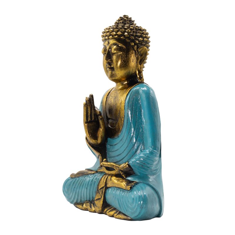 Bouddha bleu sarcelle et doré - Très grand 40 cm - Mudra Vitarka (Sagesse)