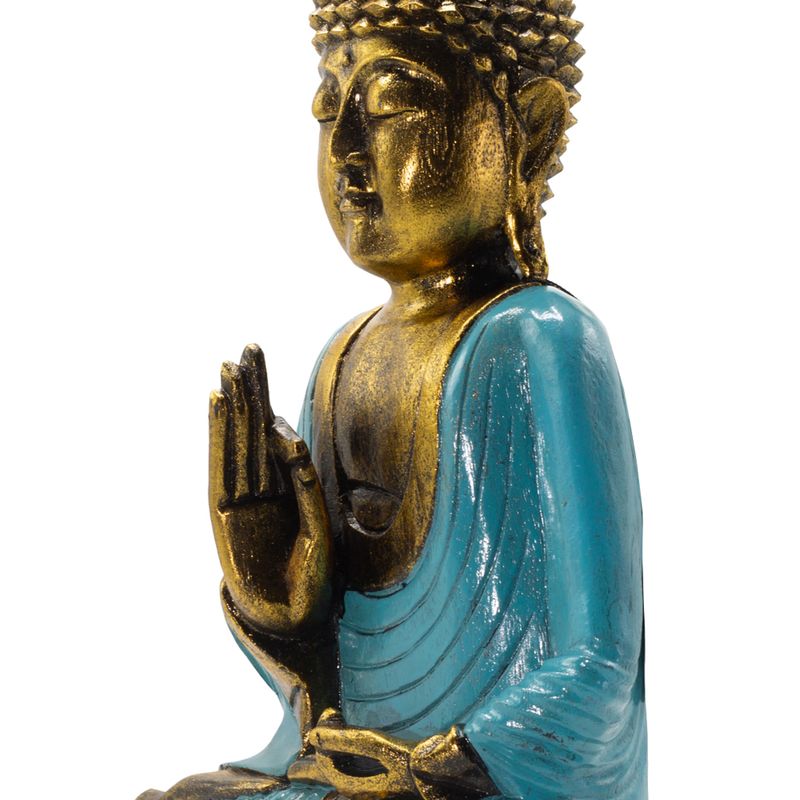 Bouddha bleu sarcelle et doré - Très grand 40 cm - Mudra Vitarka (Sagesse)
