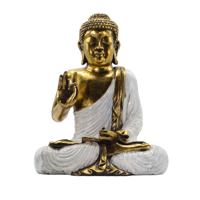 Bouddha blanc et doré - Très grand format 40 cm - Mudra Abhaya (Sans Peur)