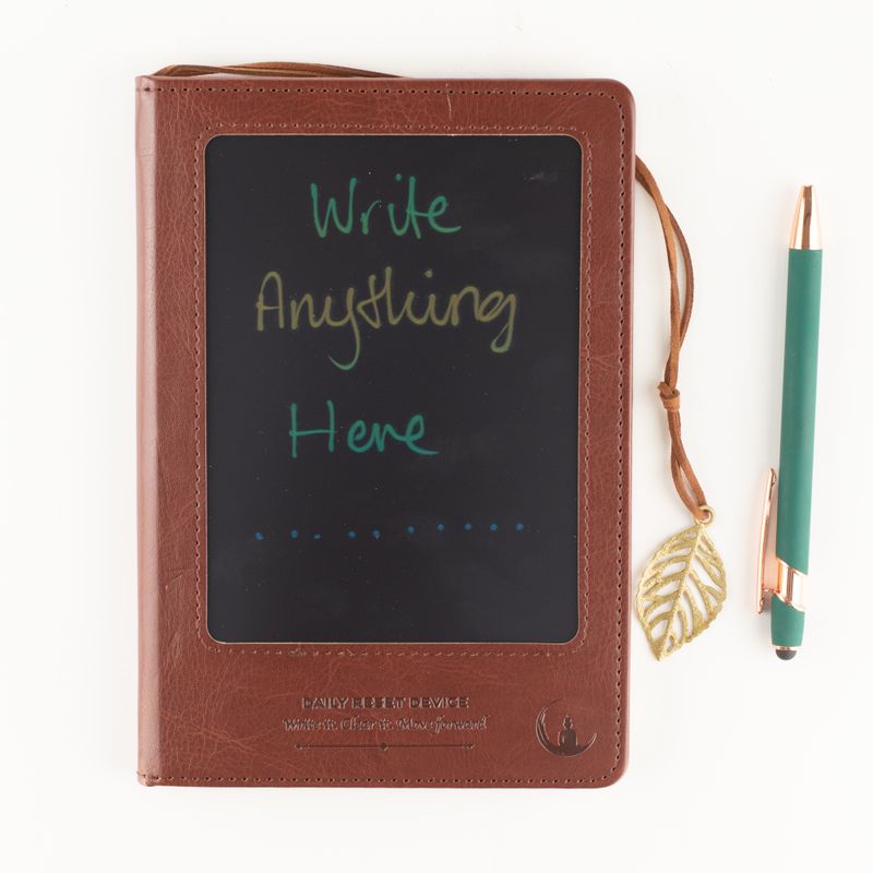 Cahier d'intention - Écran LCD à essuyer - Effet cuir marron - Feuille de laiton - 80 feuilles