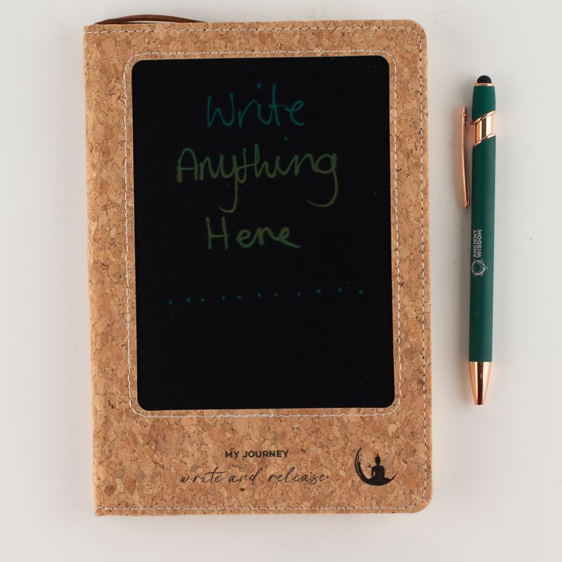 Cahier d'intention - Écran LCD effaçable - Effet cuir liège - Feuille de laiton - 80 feuilles