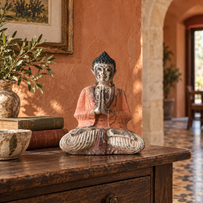 Statue de Bouddha orange vintage sculptée à la main - 30 cm - Bienvenue