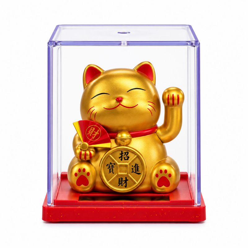 Mini chat porte-bonheur alimenté à l'énergie solaire dans une boîte - doré