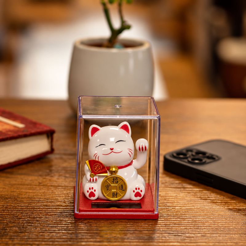 Mini chat porte-bonheur solaire dans une boîte - Blanc