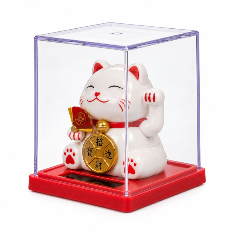 Mini chat porte-bonheur solaire dans une boîte - Blanc