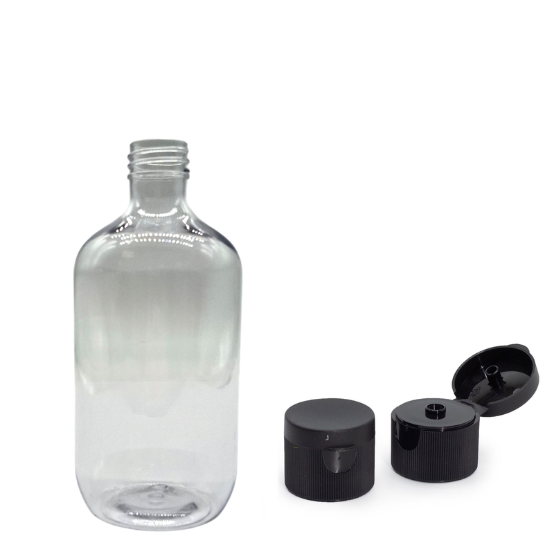 Flacon Boston en plastique transparent 500 ml avec bouchon à clapet 28 mm