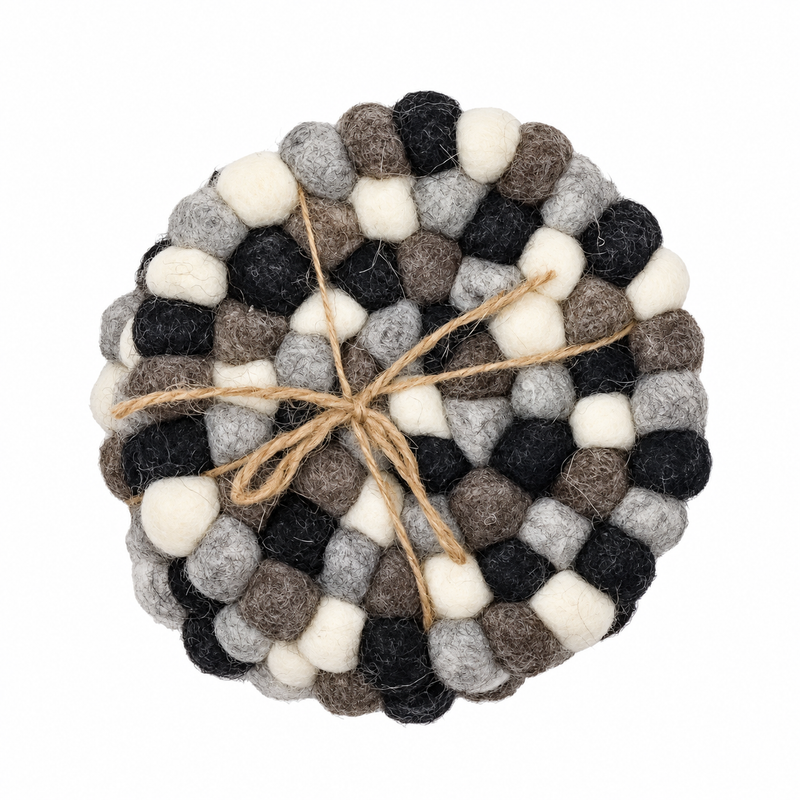Sous-verres ronds en boules de feutre - 10 cm, couleur gris multicolore (lot de 4)