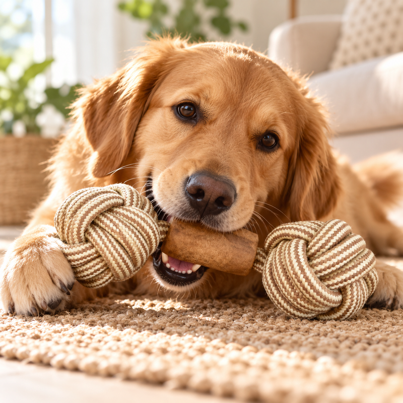 Jouets PAW – Bâton à mâcher en bois de caféier – Corde double pour tirer