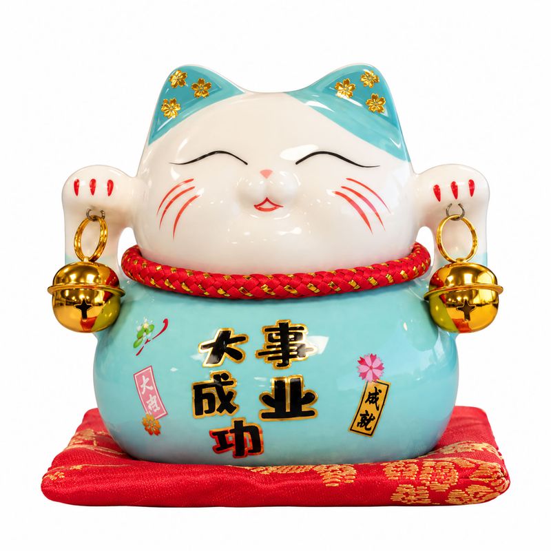 Tirelire Chat Porte-Bonheur en Céramique – Bleu sur Coussin