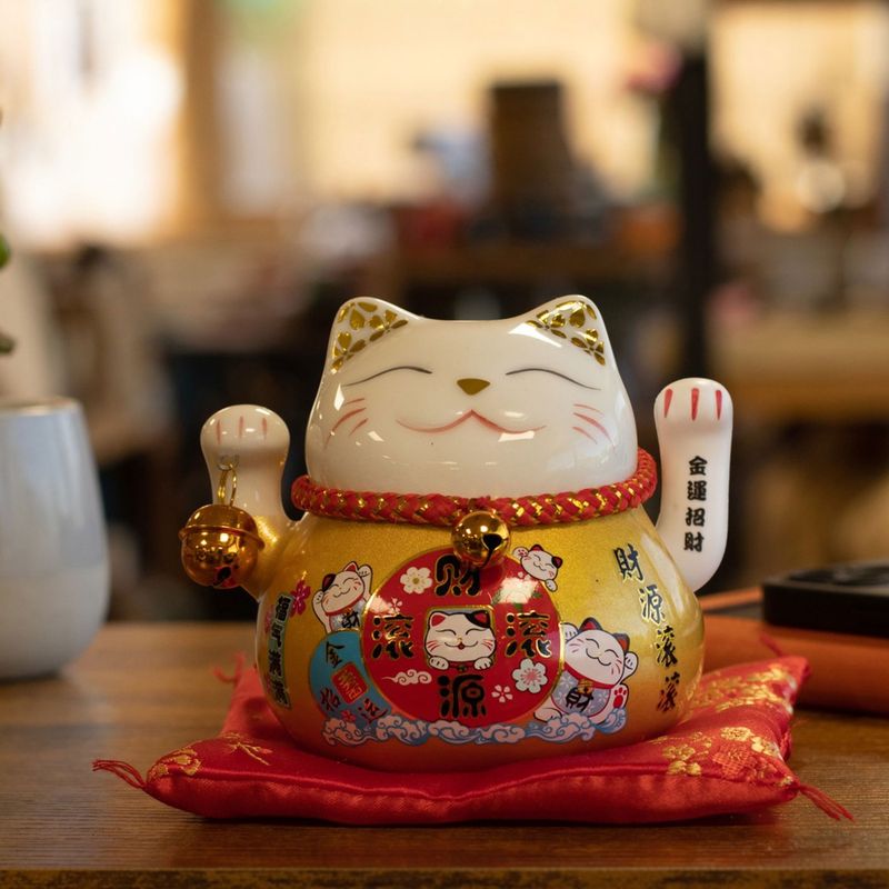 Chat Porte-Bonheur en Céramique à Patte Mobile – Doré sur Coussin (piles non incluses)