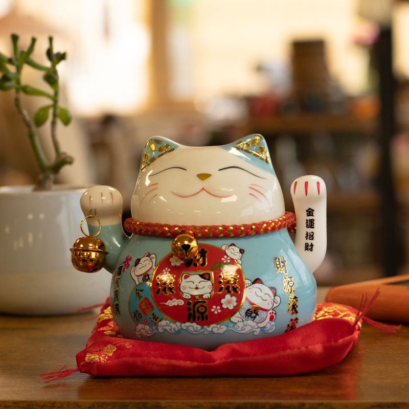 Chat porte-bonheur en céramique à patte mobile – Bleu sur coussin (pile non incluse)