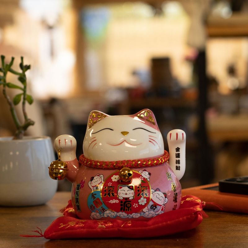 Chat porte-bonheur en céramique à patte mobile – Rose sur coussin (pile non incluse)