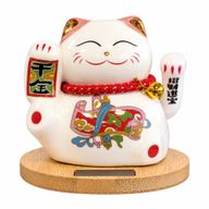 Chat porte-bonheur solaire sur socle en bois – Patte rose mobile