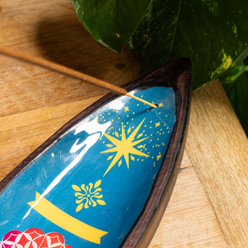 Brûle-encens en émail – Bois de manguier – Mandala