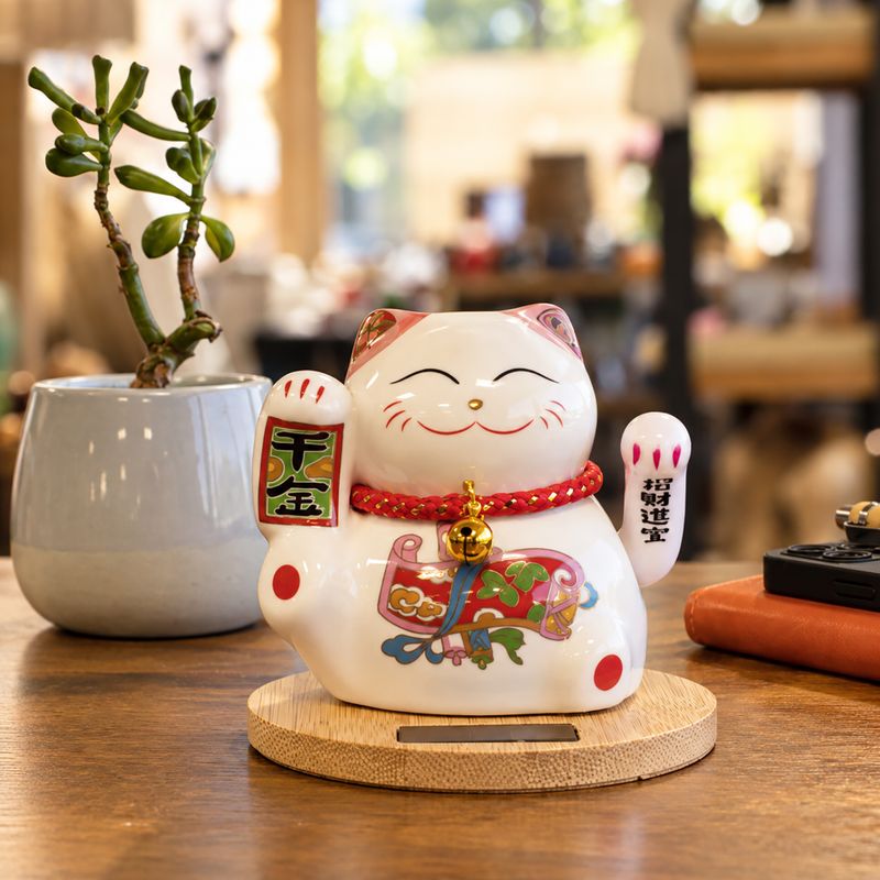 Chat porte-bonheur solaire sur socle en bois – Patte rose mobile