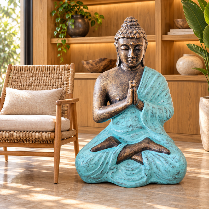 Grande statue de Bouddha en prière turquoise et or - 1,2 m de haut