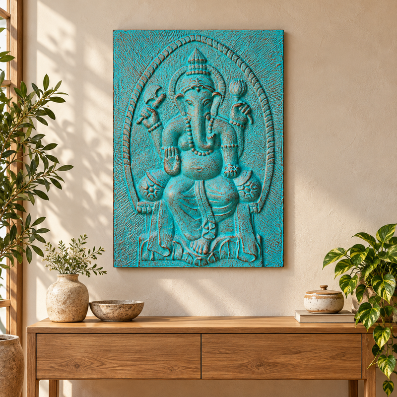 Grand Cadre Ganpati Turquoise en Relief - 0,7x1m