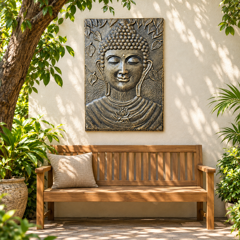 Grand Cadre Bouddha en Relief Doré Antique - 0,7x1m