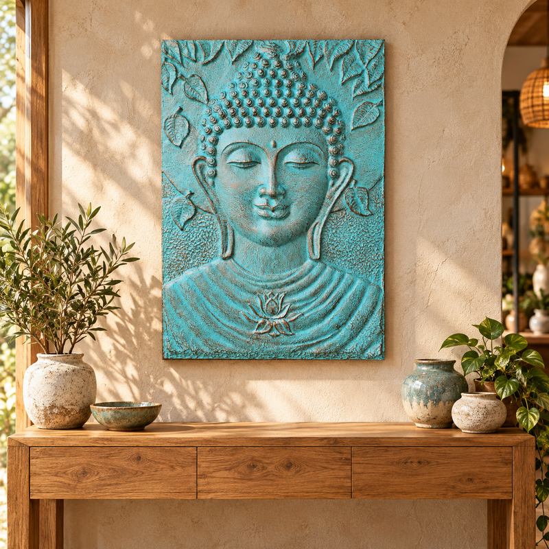 Grand Cadre Bouddha Relief Turquoise - 0,7x1m