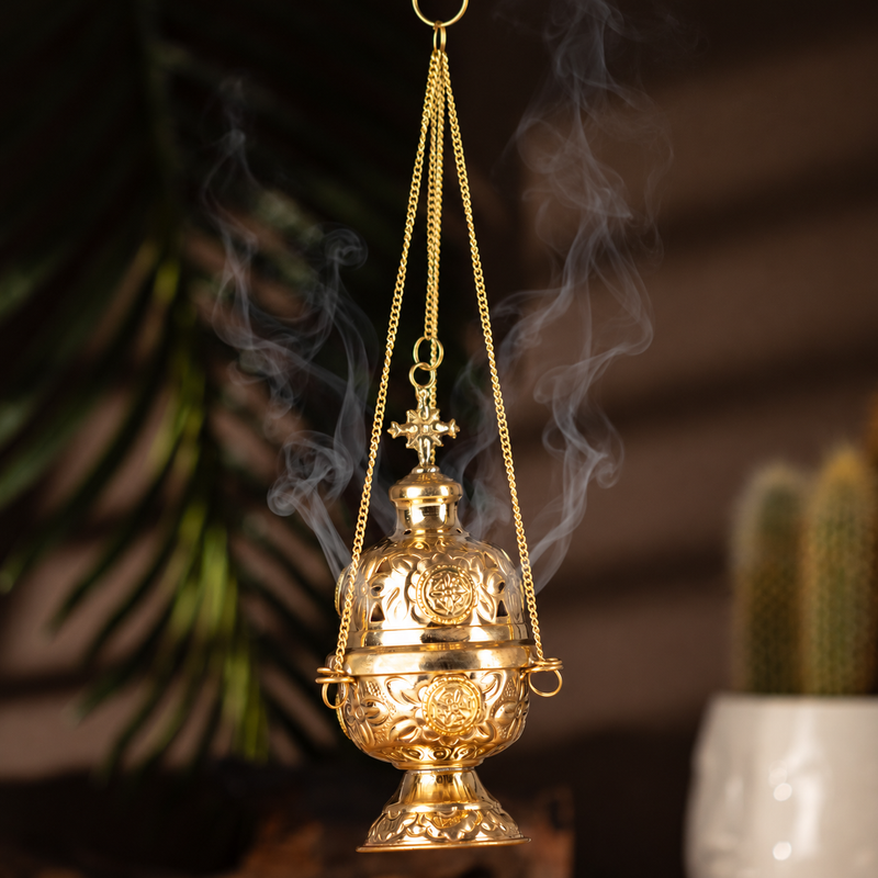 Brûle-encens suspendu en laiton - Chaîne filetée - 16,5x6,5 cm (Laiton fin)