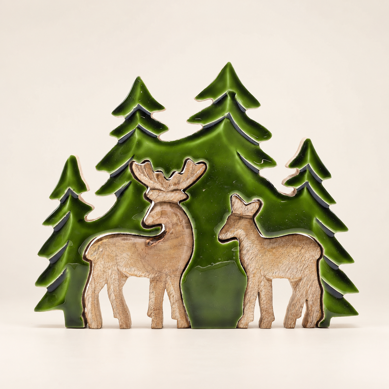 Perdus dans la Forêt - Décoration 3D en Bois Deux Cerfs dans la Forêt - 18x23cm