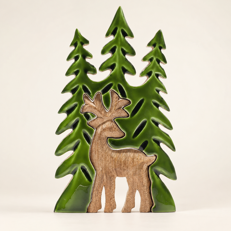 Perdu dans la Forêt - Décoration Murale 3D en Bois Cerf dans la Forêt - 25x15 cm