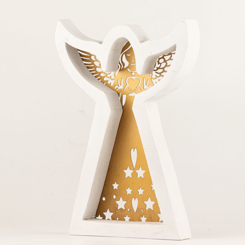 Ange en Bois de Manguier - Finition Blanchie avec Découpe Décorative en Fer - 22cm