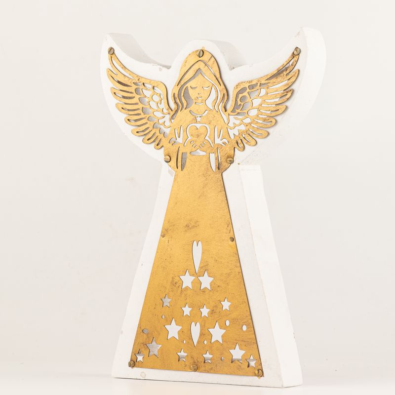Ange en Bois de Manguier - Finition Blanchie avec Découpe Décorative en Fer - 22cm