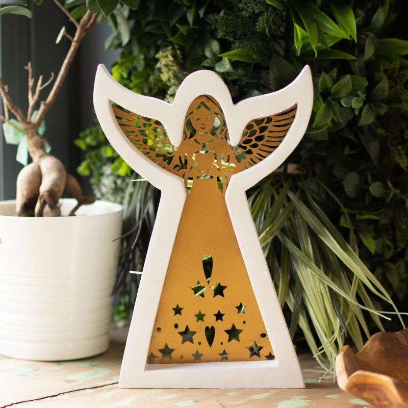 Ange en Bois de Manguier - Finition Blanchie avec Découpe Décorative en Fer - 22cm