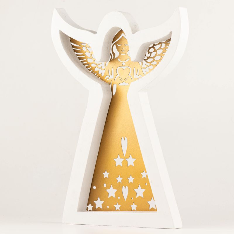 Ange en Bois de Manguier - Finition Blanchie avec Découpe Décorative en Fer - 39cm