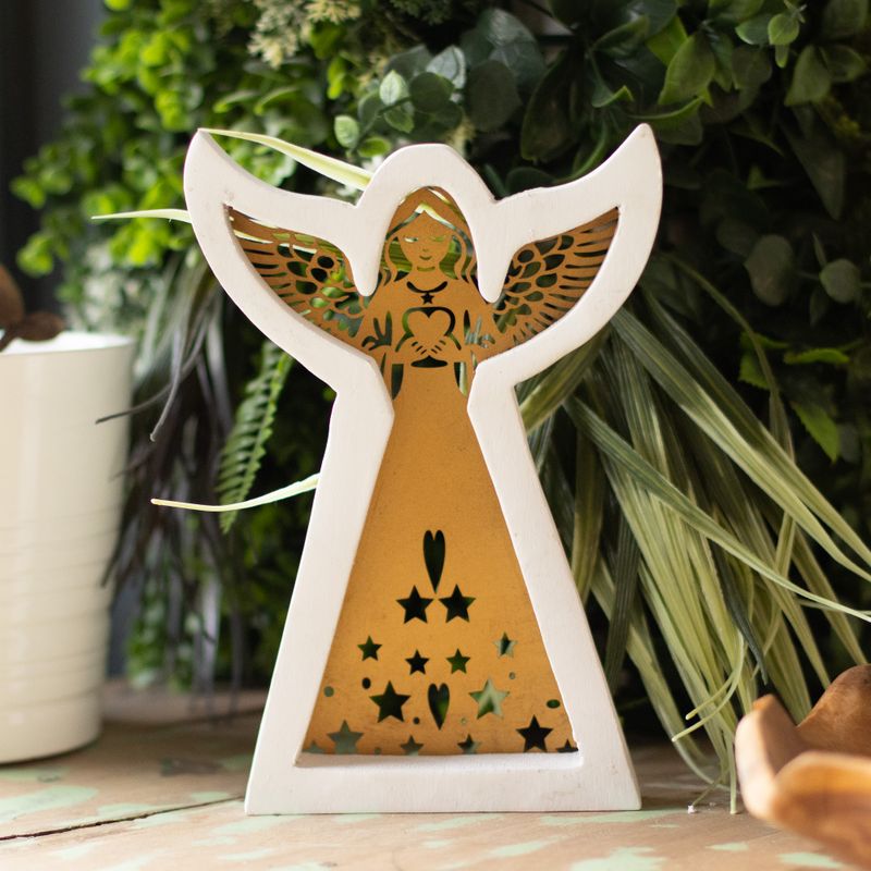 Ange en Bois de Manguier - Finition Blanchie avec Découpe Décorative en Fer - 39cm