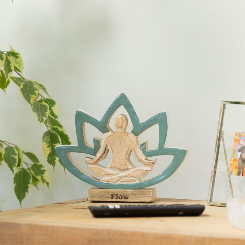 Statuette Yoga en Bois - Fleur de Lotus - Bleu Canard - Flow