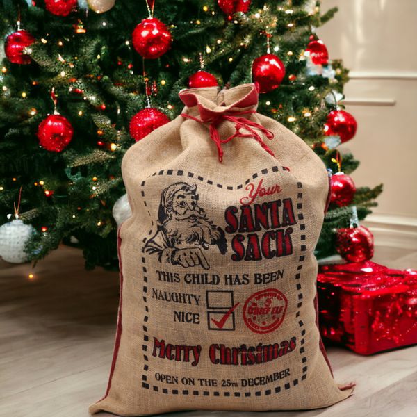 Sacs en jute de Noël "This Child Has Been.. Nice!"