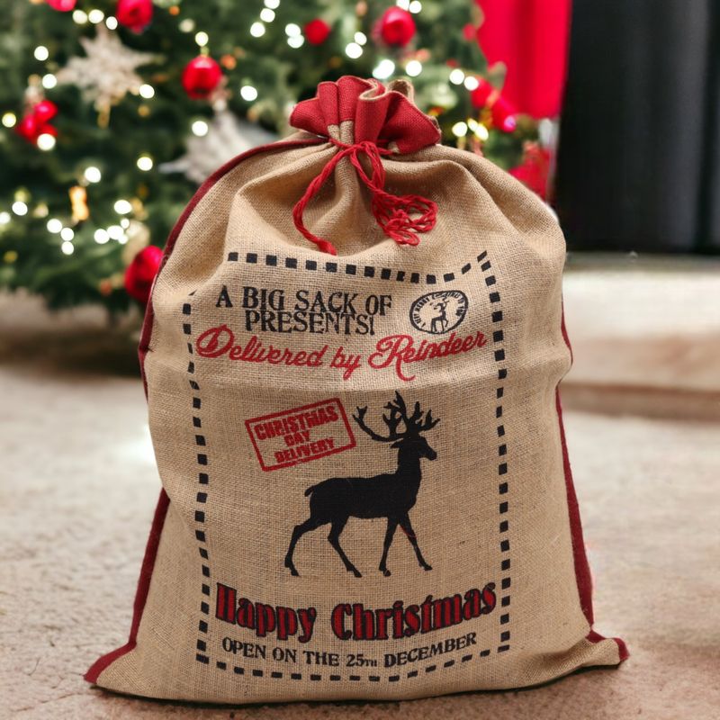Sacs en jute de Noël "Delivered By Reindeer"