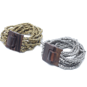 12x Fermoir en bois avec bracelet multi-perles - Or argenté / bronze