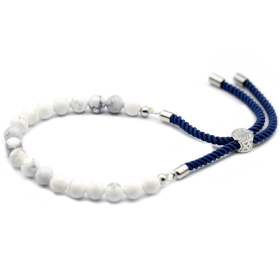 Bracelet en Gemme plaqué argent 925 - Cordon Bleu foncé - Howlite Blanche