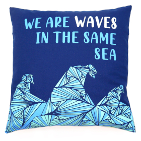 3x Housse de coussin en coton imprimé - We are Waves - Gris, bleu et naturel