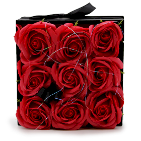 Bouquet Cadeau Fleur de Savon - 9 Roses Rouges - Carré