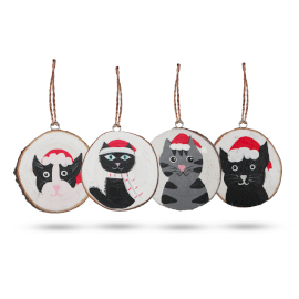 Chats de Noël - Décor de Noël en bûche peint à la main (pack de 4)