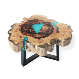 Table Basse en bois de Tamarin et Résine - Bleu turquoise