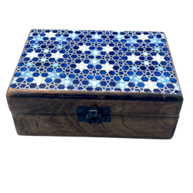 Boîte Moyenne en Bois Recouverte de Céramique - 15x10x6cm - Étoiles Bleues