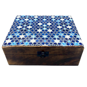 Grande Boîte en Bois Recouverte de Céramique - 20x15x7,5cm - Étoiles Bleues