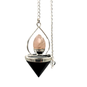 Pendule Lanterne de Vie en Pierres Précieuses - Agate Noire & Quartz Rose