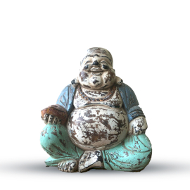 Statue de Bouddha Vintage Sculptée à la Main  Bleu Menthe - 30cm - Bouddha Heureux