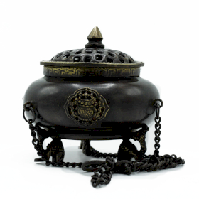 Brûleur d\'Encens Tibétain en Laiton - Pot Suspendu à Quatre Symboles