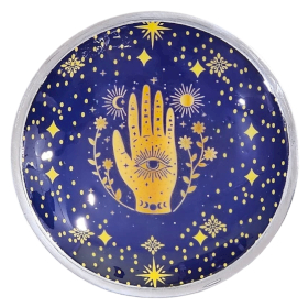 Plateau d\'Offrande Émaillé à Trois Pieds – Motif Main & Oeil, Bleu Nuit